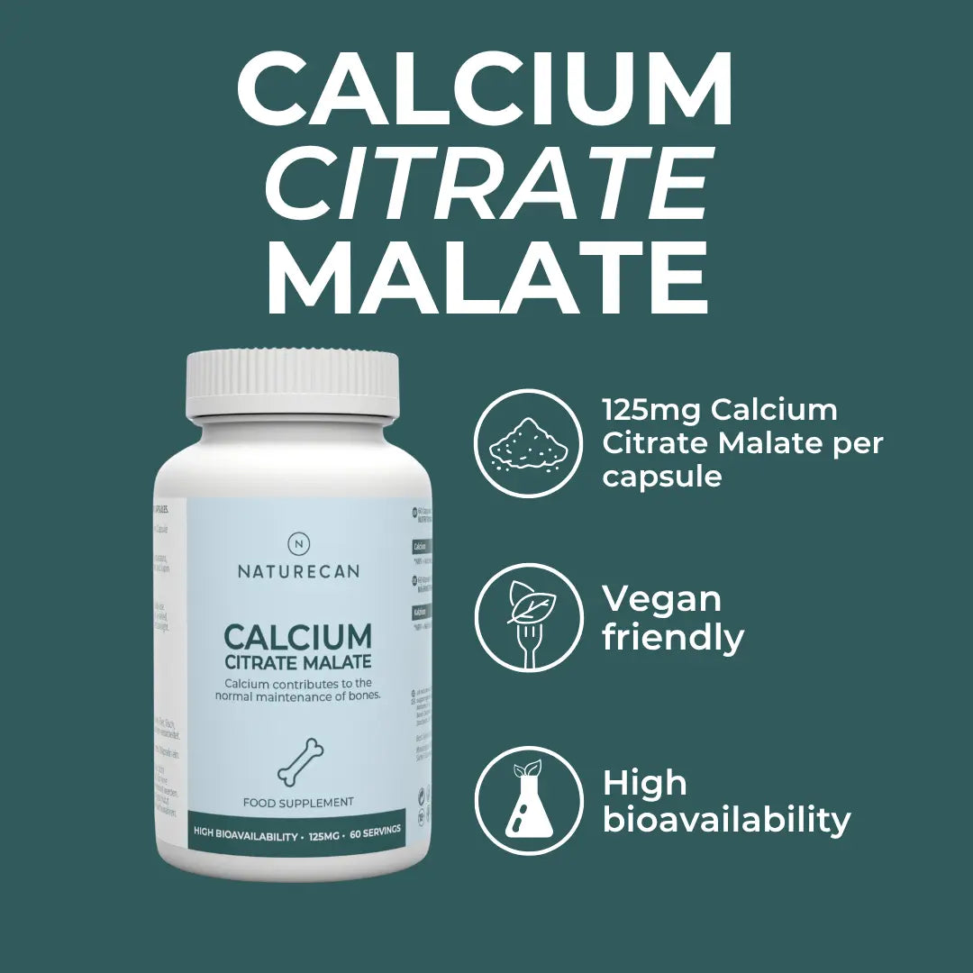 Calcium Citrate Malate product highlights infographic – teal background with bottle and three callouts: 125mg Calcium Citrate Malate per capsule, vegan friendly, high bioavailability