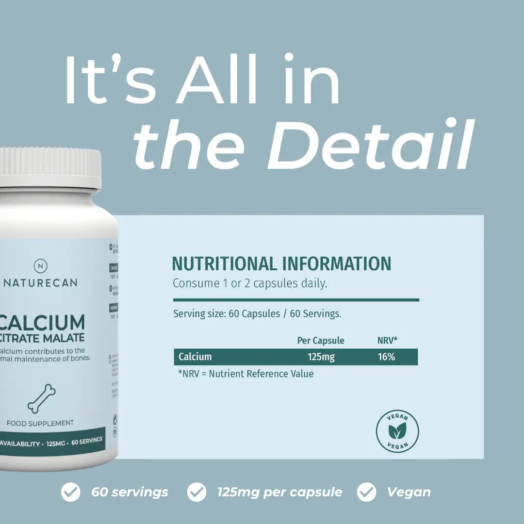 Calcium Citrate Malate nutritional information infographic – blue and teal background showing 60 capsules per 60 servings (1 or 2 capsules daily), Calcium 125mg (16% NRV) per capsule; vegan; checklist: 60 servings, 125mg per capsule, vegan