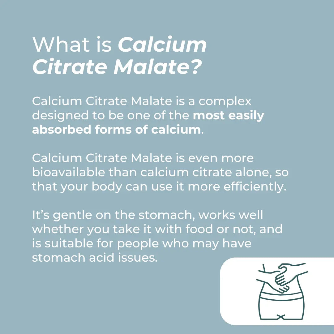 What is Calcium Citrate Malate? infographic – blue grey background explaining it is one of the most easily absorbed forms of calcium, more bioavailable than calcium citrate alone, gentle on the stomach, works with or without food, suitable for people with stomach acid issues