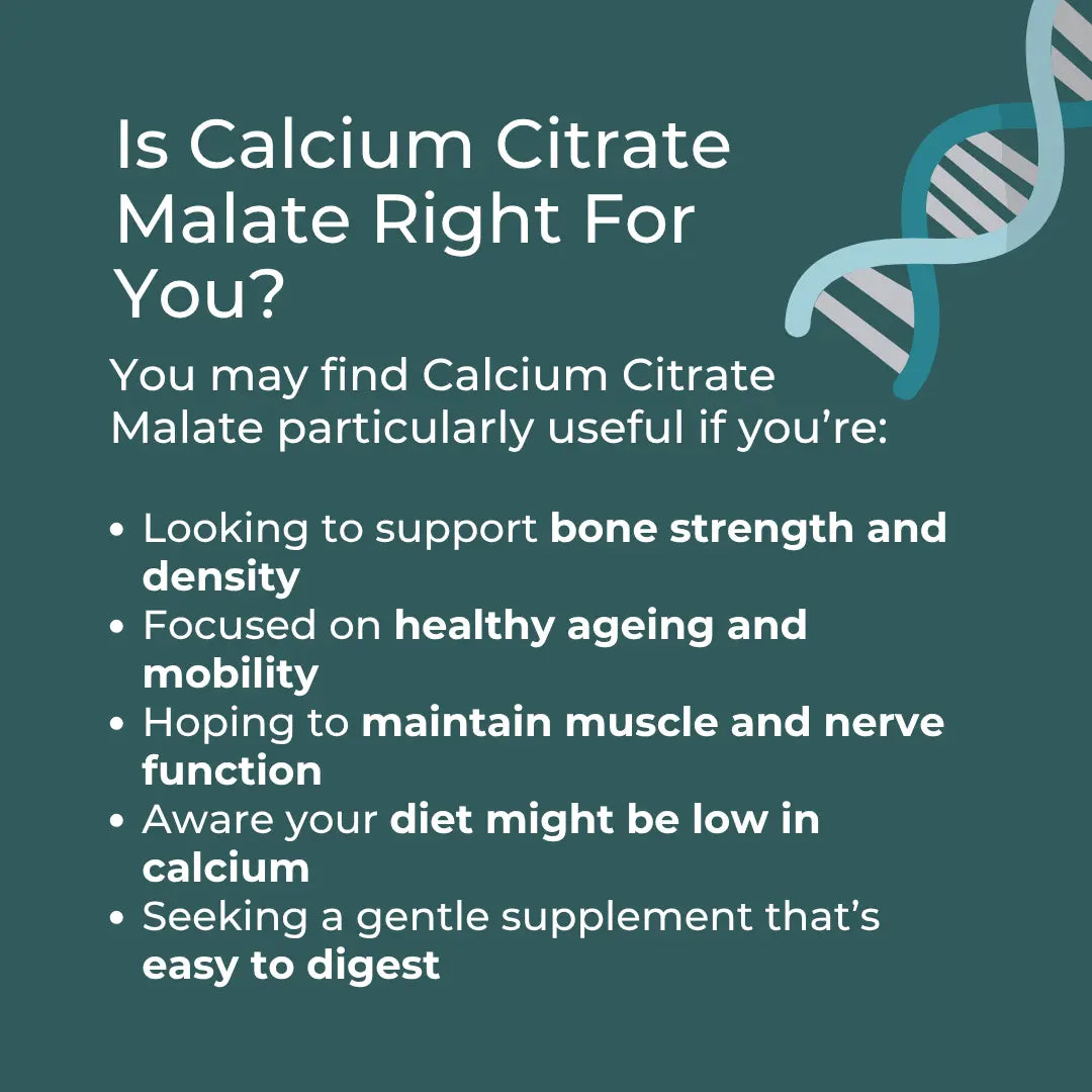 Is Calcium Citrate Malate Right For You? infographic – teal background with DNA helix icon; useful for those looking to support bone strength and density, healthy ageing and mobility, muscle and nerve function, low calcium diets, or needing a gentle easy-to-digest supplement