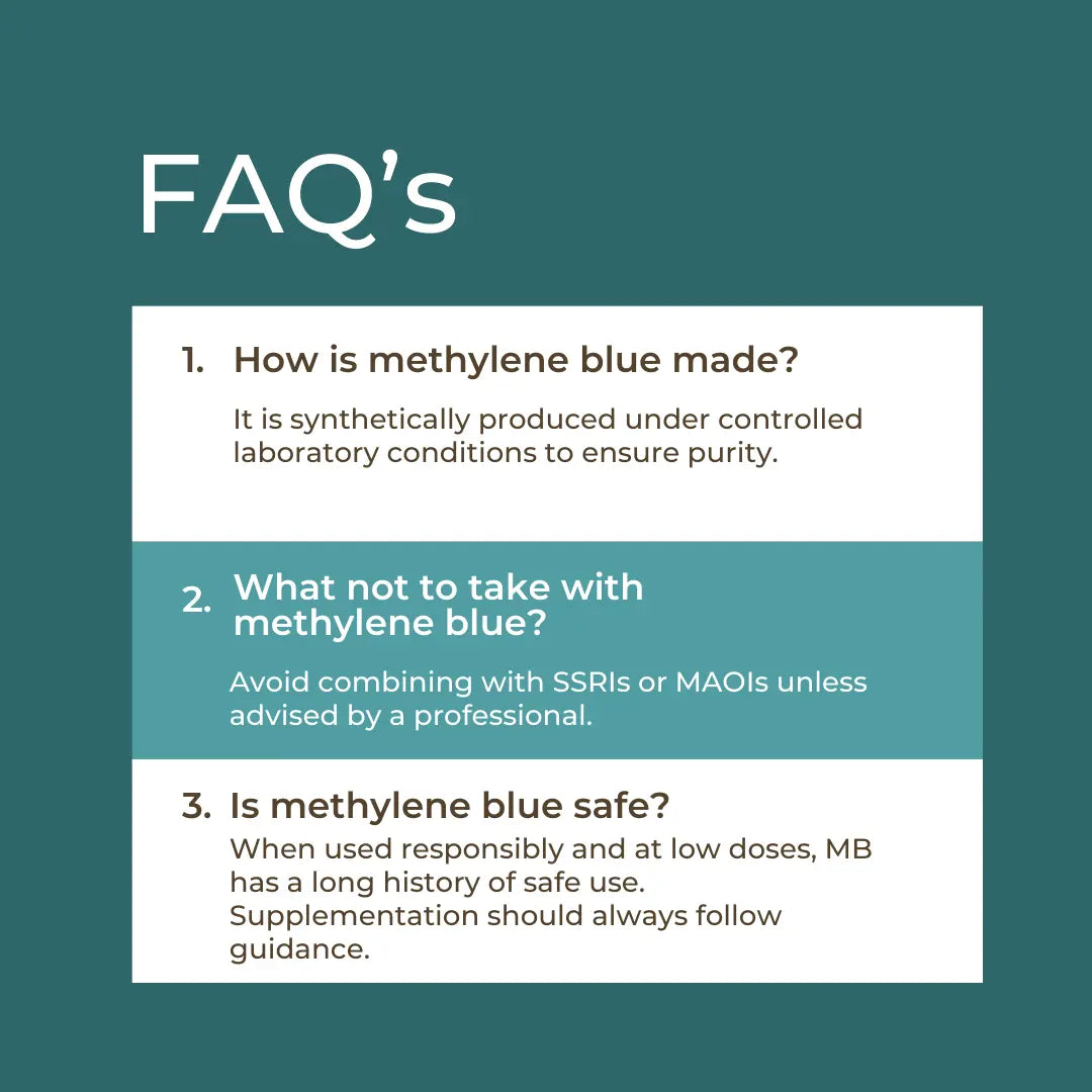 Methylene Blue FAQ – teal background with three questions: how is methylene blue made (synthetically produced under controlled laboratory conditions), what not to take with it (avoid combining with SSRIs or MAOIs unless advised by a professional), is methylene blue safe (when used responsibly at low doses has a long history of safe use)