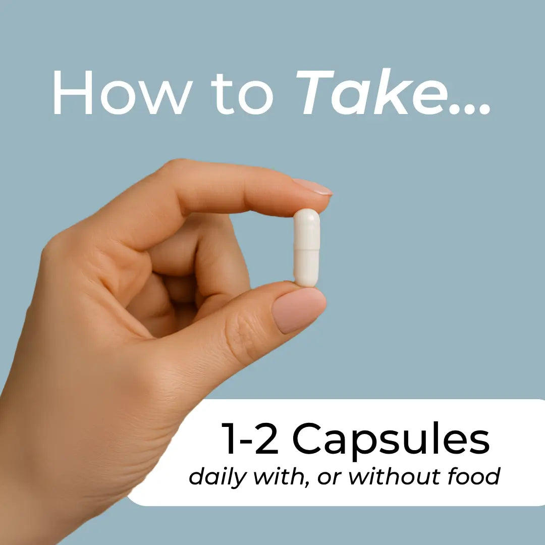 How to take Calcium Citrate Malate infographic – light blue background with hand holding white capsule; take 1-2 capsules daily with or without food