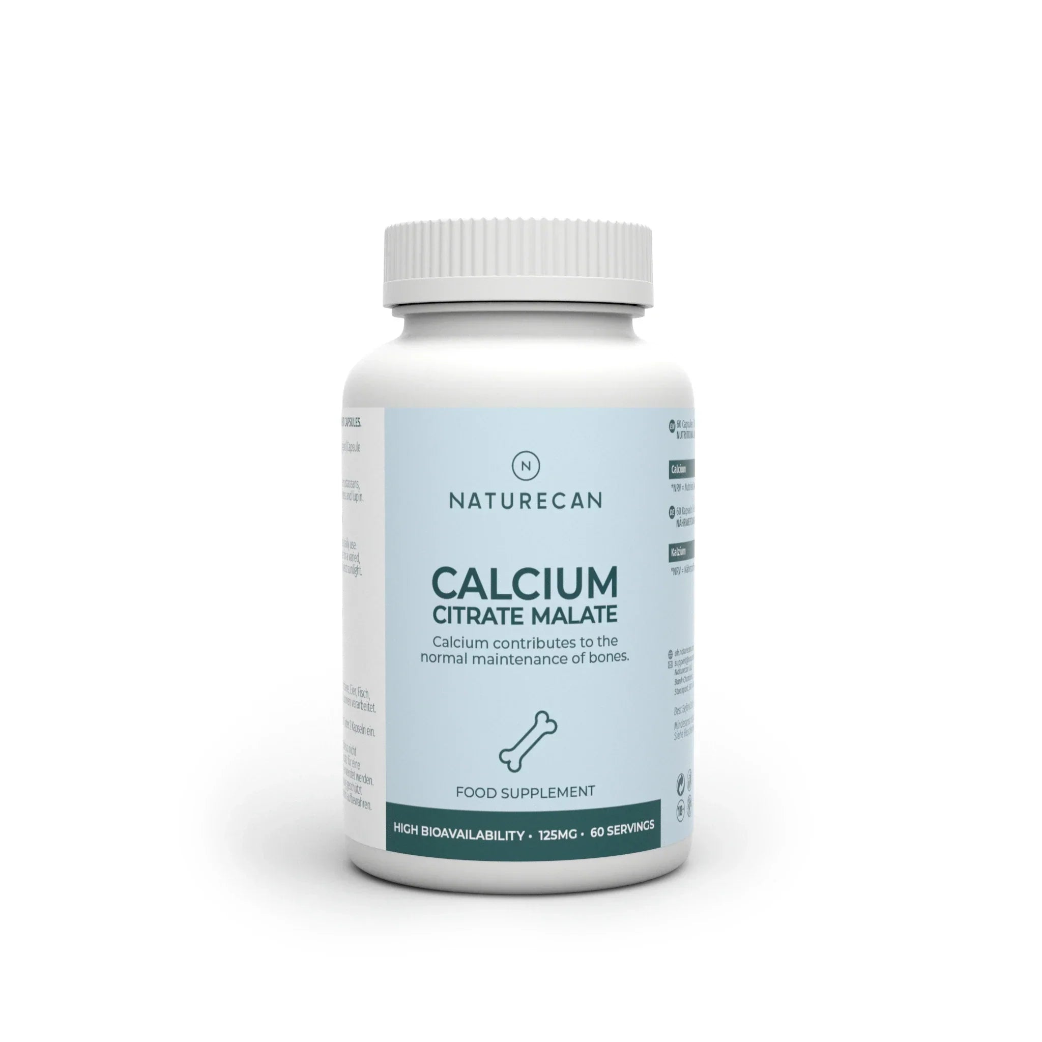 Naturecan Calcium Citrate Malate – white and light blue bottle, Calcium Citrate Malate, calcium contributes to normal maintenance of bones, food supplement, high bioavailability, 125mg, 60 servings; bone icon on label