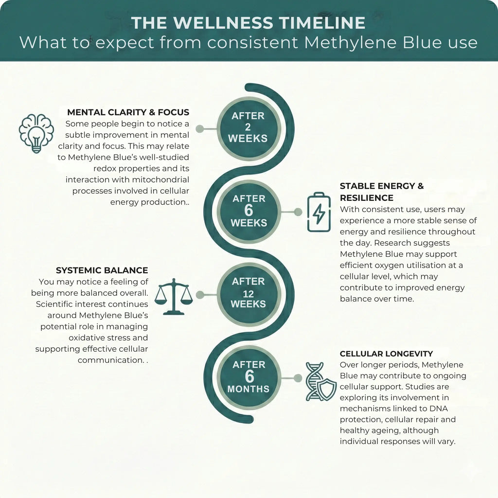Methylene Blue wellness timeline infographic – teal and cream background showing what to expect from consistent use: after 2 weeks mental clarity and focus, after 6 weeks stable energy and resilience, after 12 weeks systemic balance, after 6 months cellular longevity