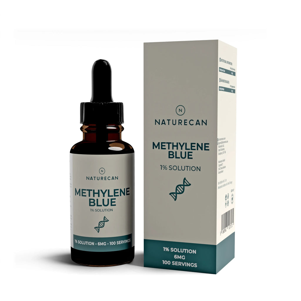 Naturecan Methylene Blue – amber glass dropper bottle with grey and cream label alongside matching product box; Methylene Blue 1% Solution, DNA helix icon, 1% solution 6mg 100 servings