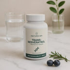 Naturecan Trans-Resveratrol + Rosmarinus lifestyle – bottle on marble surface with glass of water, fresh rosemary sprig, blueberries and green plant in background