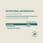NMN and Resveratrol Bundle – Resveratrol nutritional information: 500mg Resveratrol and 60mg Rosemary 10:1 extract per daily serving, 180 capsules, vegan